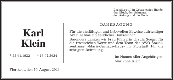 Traueranzeige von Karl Klein von Wetterauer Zeitung