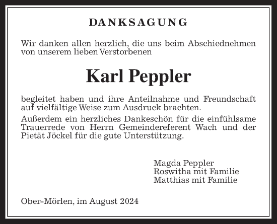 Traueranzeige von Karl Peppler von Wetterauer Zeitung