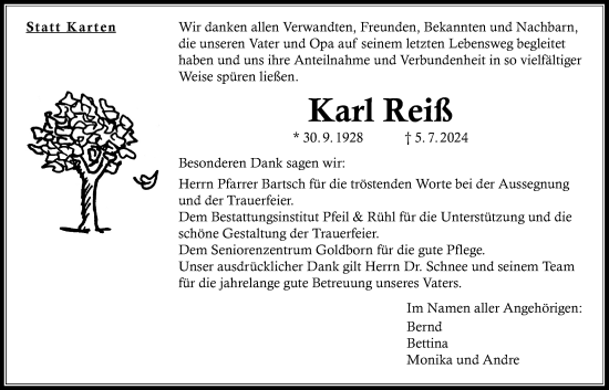 Traueranzeige von Karl Reiß von Giessener Allgemeine, Alsfelder Allgemeine