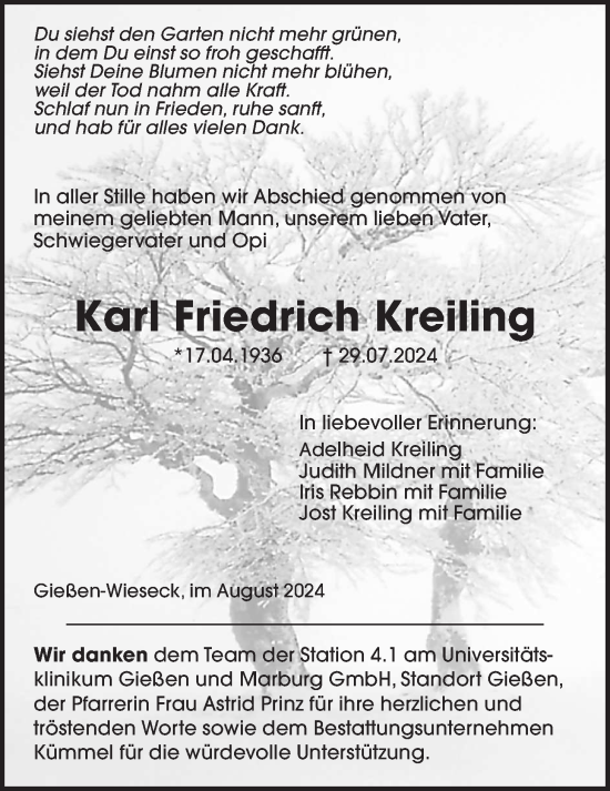 Traueranzeige von Karl Friedrich Kreiling von Giessener Anzeiger