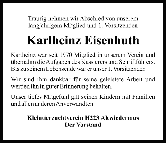 Traueranzeige von Karlheinz Eisenhuth von Kreis-Anzeiger