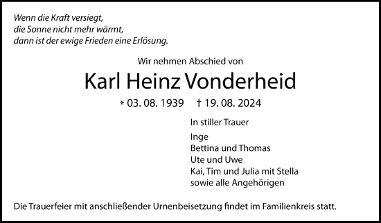 Traueranzeige von Karl Heinz Vonderheid von Giessener Allgemeine, Alsfelder Allgemeine