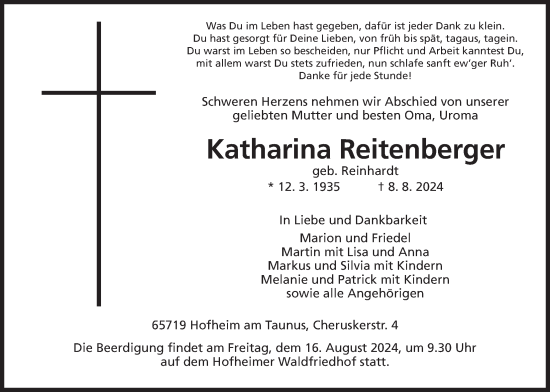 Traueranzeige von Katharina Reitenberger 