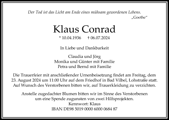 Traueranzeige von Klaus Conrad von Bad Vilbel/Karben