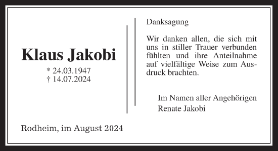Traueranzeige von Klaus Jakobi von Wetterauer Zeitung