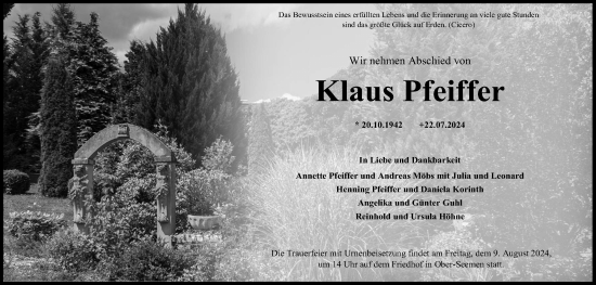 Traueranzeige von Klaus Pfeiffer von Kreis-Anzeiger