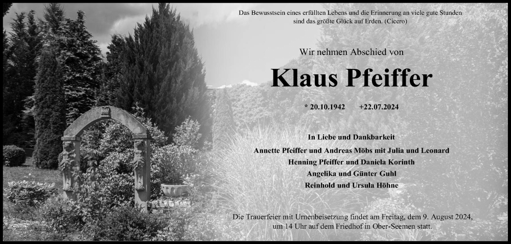  Traueranzeige für Klaus Pfeiffer vom 03.08.2024 aus Kreis-Anzeiger
