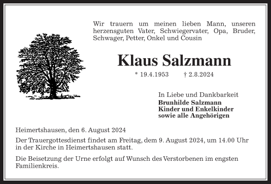 Traueranzeige von Klaus Salzmann von Oberhessische Zeitung