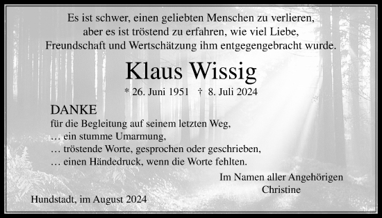 Traueranzeige von Klaus Wissig von Usinger Anzeigenblatt