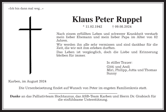 Traueranzeige von Klaus Peter Ruppel von Bad Vilbel/Karben