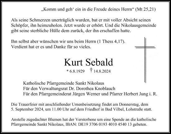 Traueranzeige von Kurt Sebald von Bad Vilbel/Karben