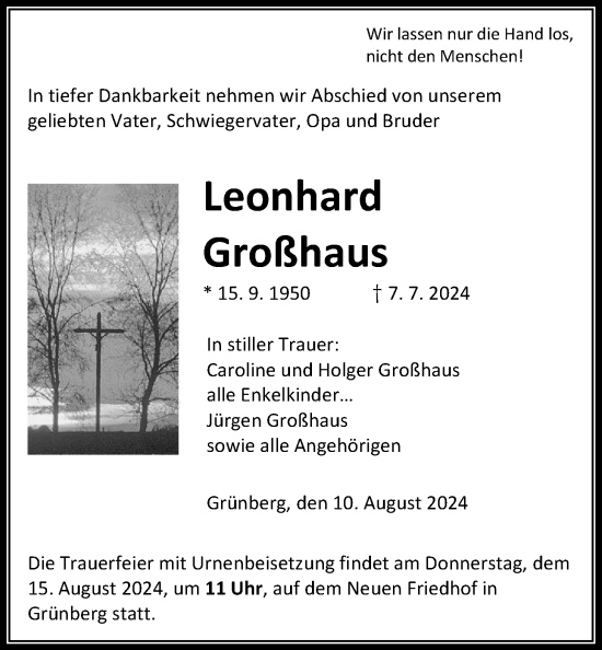 Traueranzeige von Leonhard Großhaus von Giessener Allgemeine, Alsfelder Allgemeine