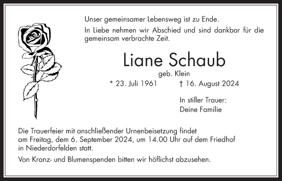 Traueranzeige von Liane Schaub von Bad Vilbel/Karben