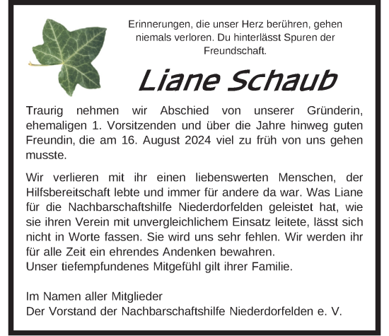 Traueranzeige von Liane Schaub von Bad Vilbel/Karben