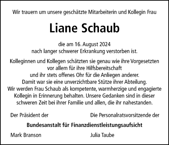 Traueranzeige von Liane Schaub von Bad Vilbel/Karben