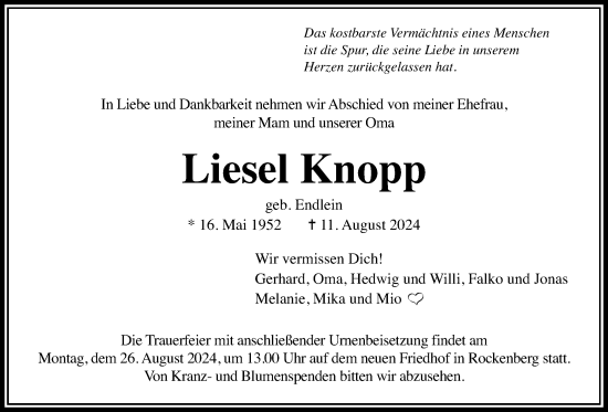 Traueranzeige von Liesel Knopp von Wetterauer Zeitung
