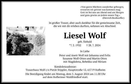 Traueranzeige von Liesel Wolf 