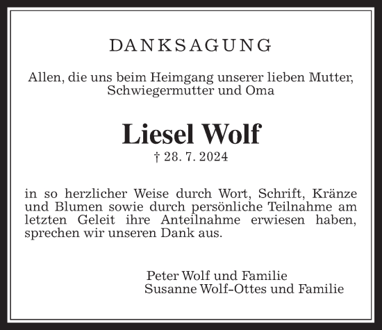 Traueranzeige von Liesel Wolf 