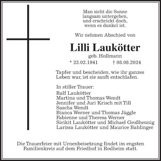 Traueranzeige von Lilli Laukötter von Wetterauer Zeitung, Giessener Allgemeine, Alsfelder Allgemeine