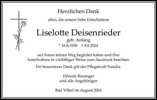 Traueranzeige von Liselotte Deisenrieder von Bad Vilbel/Karben