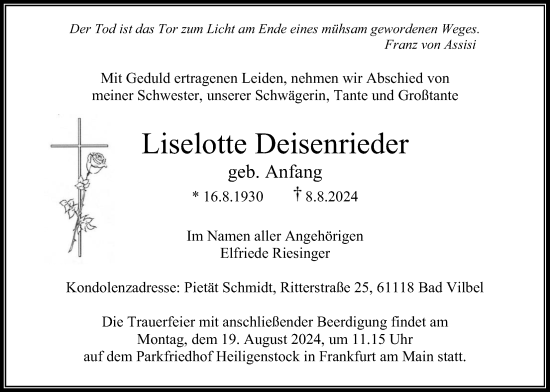 Traueranzeige von Liselotte Deisenrieder von Bad Vilbel/Karben