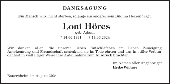 Traueranzeige von Loni Höres von Wetterauer Zeitung