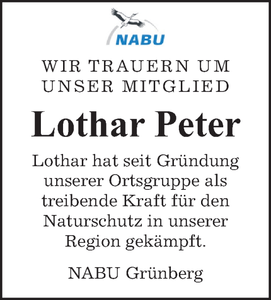 Traueranzeige von Lothar Peter von Giessener Allgemeine, Alsfelder Allgemeine, Giessener Anzeiger
