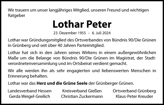 Traueranzeige von Lothar Peter von Giessener Allgemeine, Alsfelder Allgemeine, Giessener Anzeiger