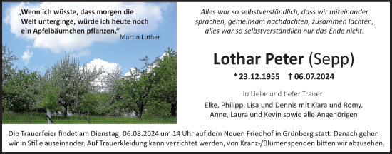 Traueranzeige von Lothar Peter von Giessener Allgemeine, Alsfelder Allgemeine