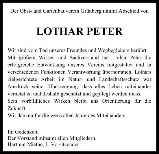 Traueranzeige von Lothar Peter von Giessener Allgemeine, Alsfelder Allgemeine