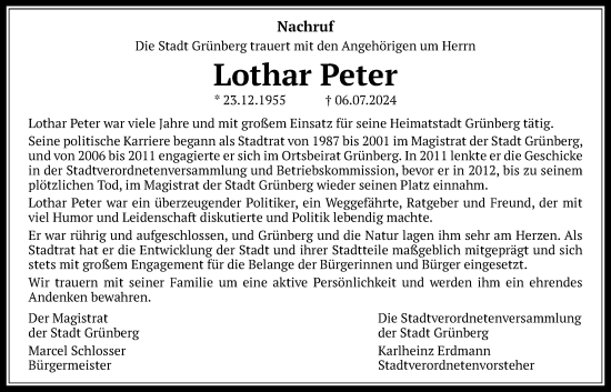 Traueranzeige von Lothar Peter von Giessener Allgemeine, Alsfelder Allgemeine, Giessener Anzeiger, Heimatzeitung Grünberg + Laubach