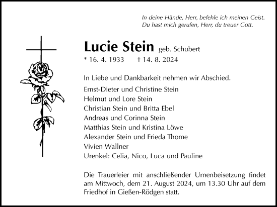 Traueranzeige von Lucie Stein von Giessener Anzeiger