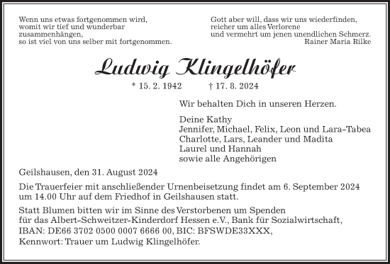 Traueranzeige von Ludwig Klingelhöfer von Giessener Allgemeine, Alsfelder Allgemeine