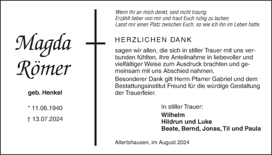 Traueranzeige von Magda Römer von Rabenauer Zeitung