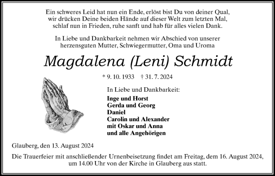 Traueranzeige von Magdalena Schmidt von Kreis-Anzeiger