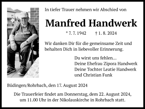 Traueranzeige von Manfred Handwerk von Kreis-Anzeiger