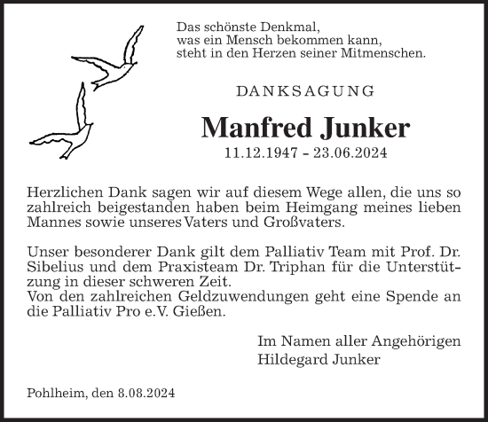 Traueranzeige von Manfred Junker von Giessener Allgemeine, Alsfelder Allgemeine, Pohlheimer Nachrichten