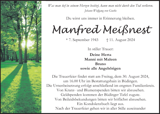 Traueranzeige von Manfred Meißnest von Kreis-Anzeiger