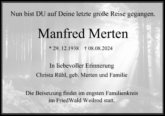 Traueranzeige von Manfred Merten von Usinger Anzeigenblatt