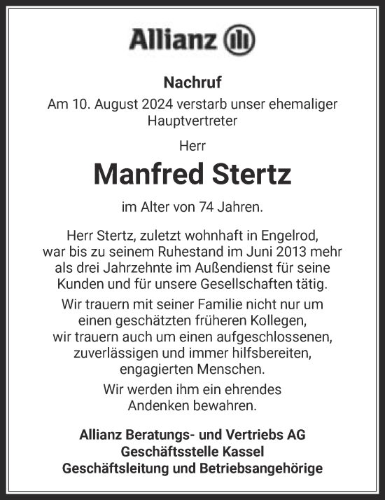 Traueranzeige von Manfred Stertz von Lauterbacher Anzeiger