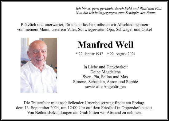 Traueranzeige von Manfred Weil von Wetterauer Zeitung