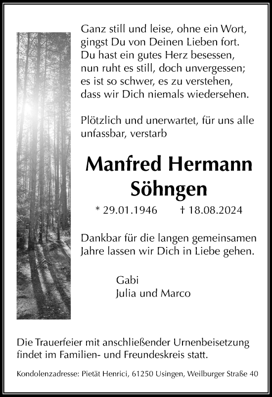 Traueranzeige von Manfred Hermann Söhngen von Usinger Anzeigenblatt, Usinger Anzeiger