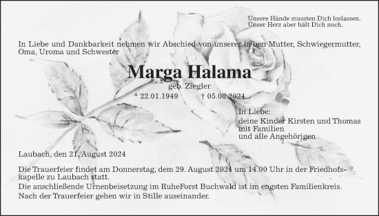 Traueranzeige von Marga Halama von Laubacher Anzeiger