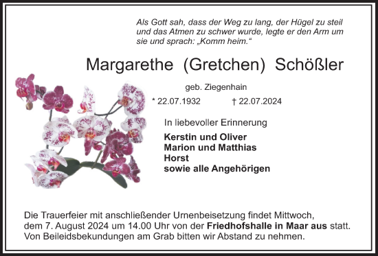 Traueranzeige von Margarethe Schößler von Lauterbacher Anzeiger