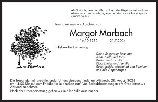 Traueranzeige von Margot Marbach von Wetterauer Zeitung