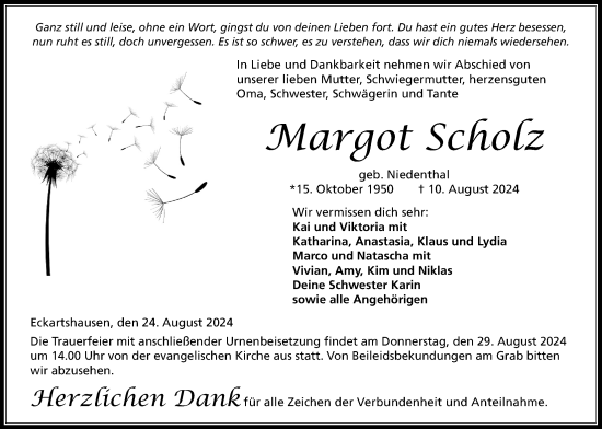 Traueranzeige von Margot Scholz von Kreis-Anzeiger