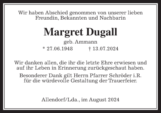 Traueranzeige von Margret Dugall von Giessener Anzeiger, Giessener Allgemeine, Alsfelder Allgemeine