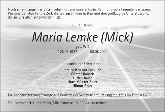 Traueranzeige von Maria Lemke von Lauterbacher Anzeiger