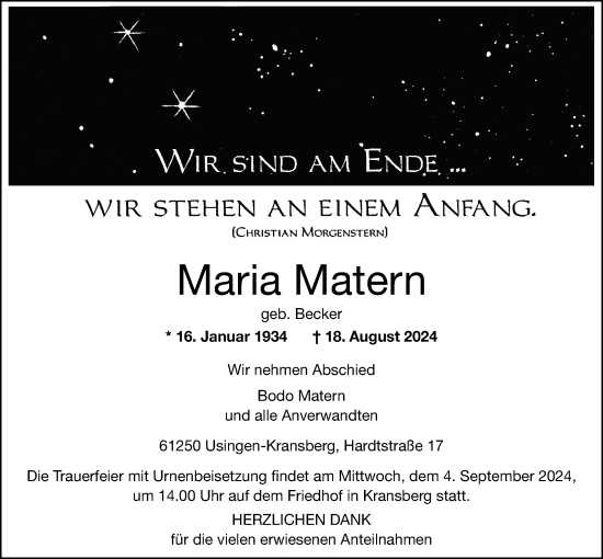 Traueranzeige von Maria Matern von Usinger Anzeigenblatt