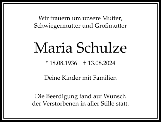 Traueranzeige von Maria Schulze von Bad Vilbel/Karben